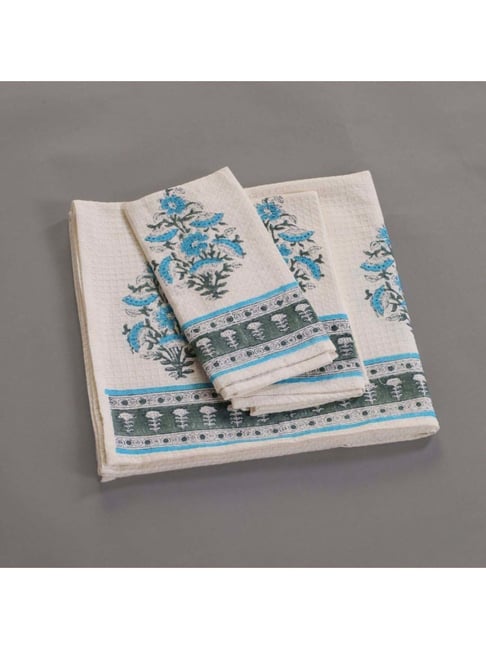Peepul Tree Pure Cotton 1 Bath & 2 Hand Towels Set (Off White, Blue & Teal)-picture-23