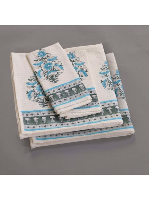 Peepul Tree Pure Cotton 1 Bath & 1 Hand Towels Set (Off White, Blue & Teal)-picture-25