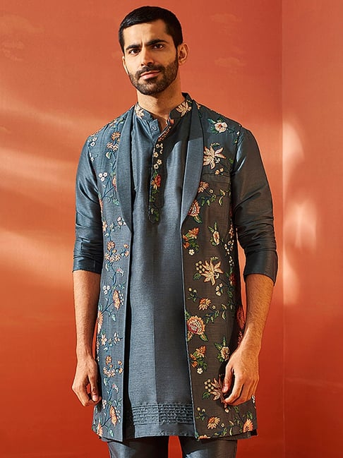 VASTRAMAY Gray Regular Fit Embroidery Ethnic Jacket