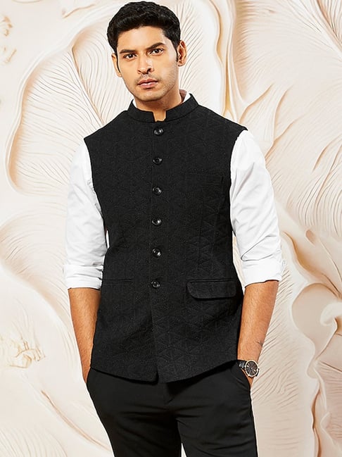 VASTRAMAY Black Regular Fit Self Design Nehru Jacket