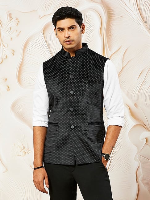 VASTRAMAY Black Regular Fit Printed Nehru Jacket