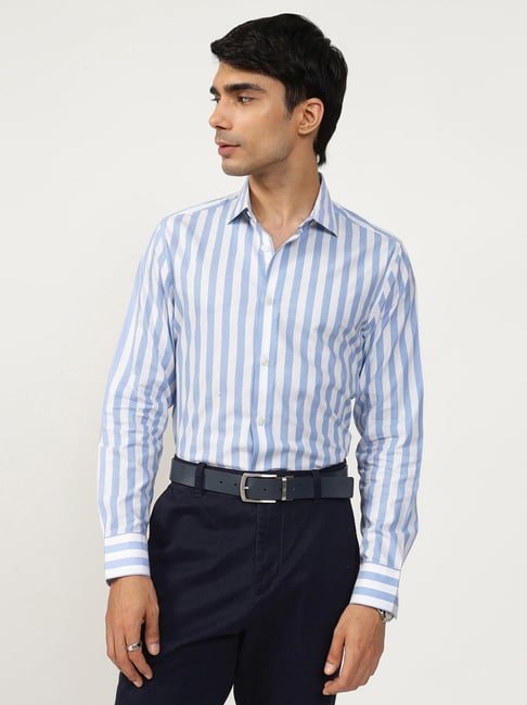 Andamen Blue Cotton Slim Fit Striped Shirt-picture-20