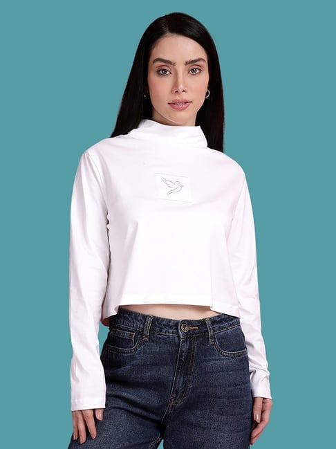 TWIN BIRDS White Solid Full Sleeves Crop T-Shirt