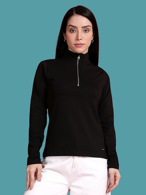 Buy TWIN BIRDS Black Solid Full Sleeves T-Shirt for Women Online