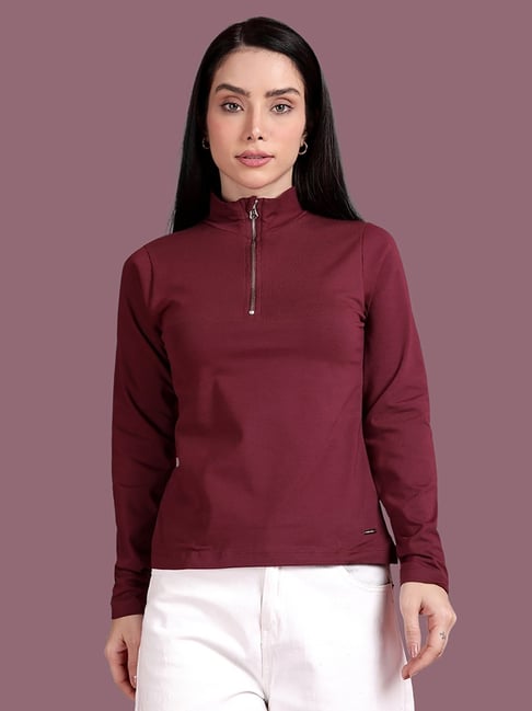 Buy TWIN BIRDS Purple Solid Full Sleeves T-Shirt for Women Online