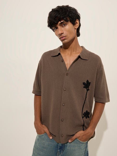 Nuon by Westside Brown Floral Embroidery Relaxed-Fit Cotton-Blend Shirt