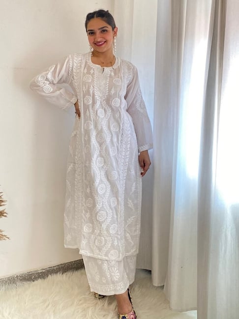House of Chikankari White Cotton Chikankari Long Sleeves Kurta-picture-13