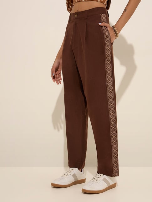 Bombay Paisley by Westside Brown Printed High-Rise Cotton Trousers