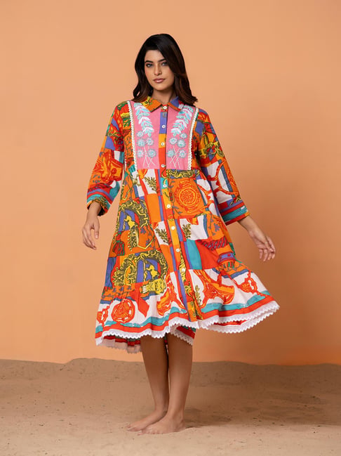 Buy Kaftanize Orange Cotton Regular Fit Printed Casual Dress for Womens  Online @ Tata CLiQ Luxury