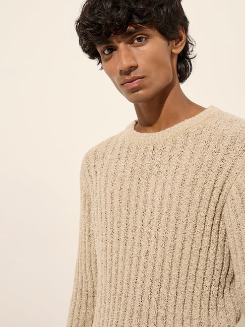 Buy ETA by Westside Beige Ribbed Relaxed-Fit Sweater for Online