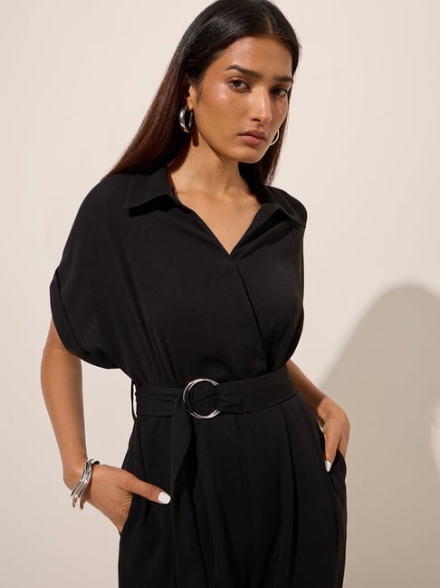 Buy Wardrobe by Westside Black Solid Jumpsuit with Belt for Online