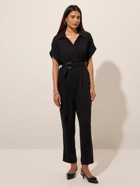 Buy Wardrobe by Westside Black Solid Jumpsuit with Belt for Online