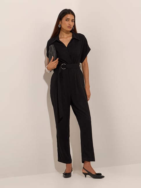 Buy Wardrobe by Westside Black Solid Jumpsuit with Belt for Online
