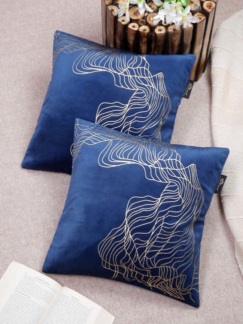 HOSTA HOMES Blue Polyester Foil Printed Velvet Cushion Covers - Set of 2-image-25