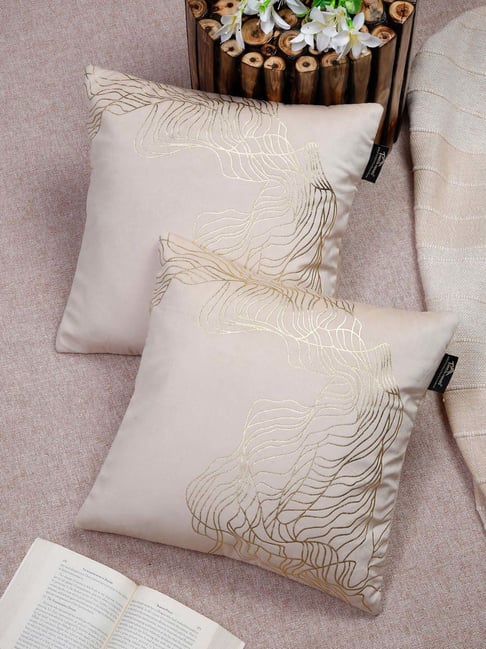 HOSTA HOMES Cream Polyester Foil Printed Velvet Cushion Covers - Set of 2-image-27