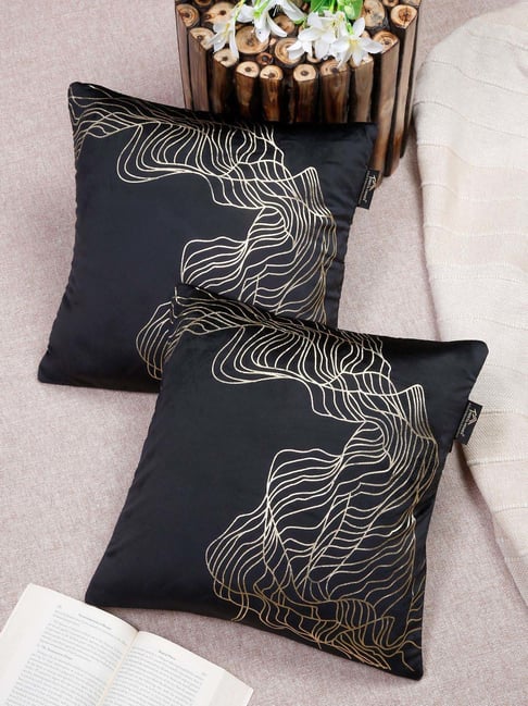 HOSTA HOMES Black Polyester Foil Printed Velvet Cushion Covers - Set of 2-image-2
