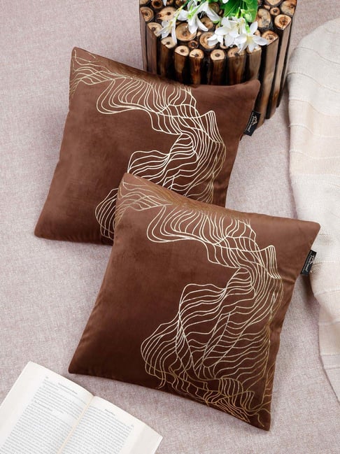 HOSTA HOMES Brown Polyester Foil Printed Velvet Cushion Covers - Set of 2-image-26