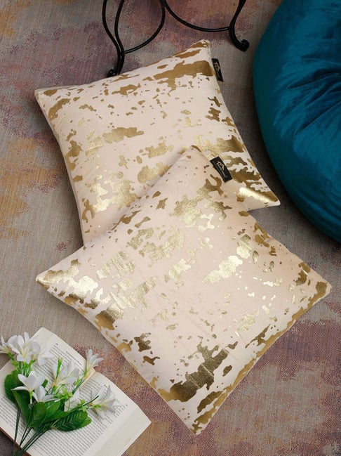 HOSTA HOMES White Gold Polyester Foil Printed Velvet Cushion Covers Set  of