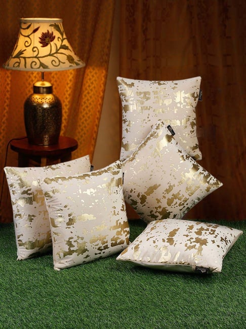 HOSTA HOMES White & Gold Polyester Foil Printed Velvet Cushion Covers - Set of 5-image-15