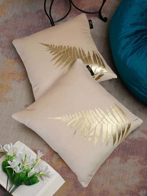 HOSTA HOMES White & Gold Polyester Foil Printed Velvet Cushion Covers - Set of 2-image-17