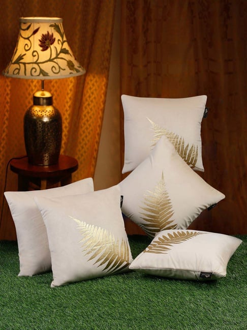 HOSTA HOMES White Gold Polyester Foil Printed Velvet Cushion Covers Set  of