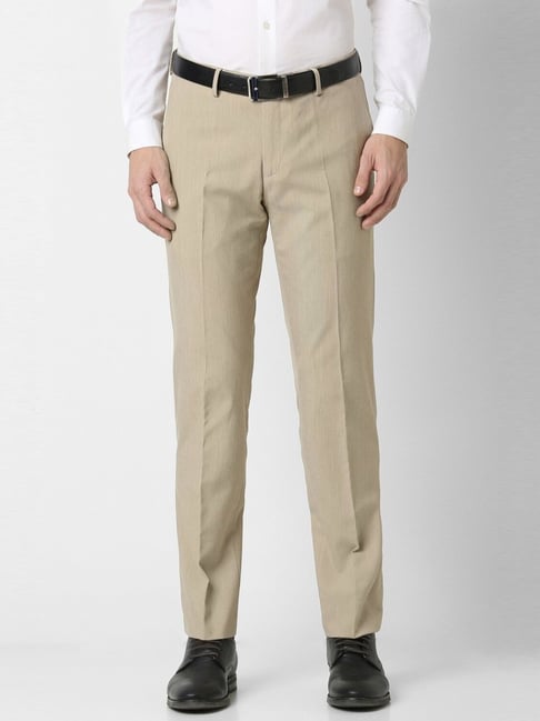 Peter England Beige Slim Fit Self Pattern Trousers-picture-22