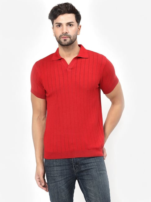 Kalt Red Regular Fit Striped Polo T-Shirt-picture-34