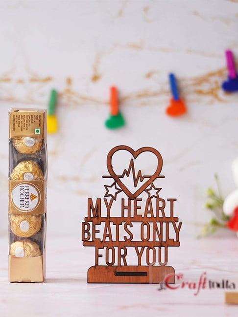 eCraftIndia Wooden My Heart Beats Only For You Showpiece & Ferrero Rocher Chocolates (5 Pcs)-picture-23