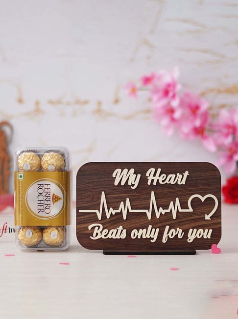 eCraftIndia Wooden My Heart Beats Only For You Showpiece & Ferrero Rocher Chocolates (8 Pcs)-picture-48