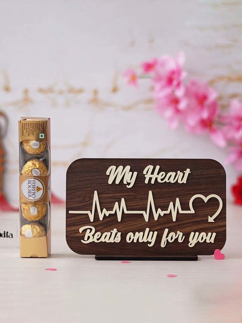 eCraftIndia Wooden My Heart Beats Only For You Showpiece & Ferrero Rocher Chocolates (5 Pcs)-picture-38
