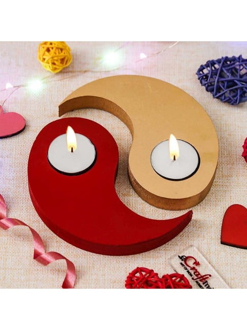 eCraftIndia Red & Golden Wooden Yin Yang Shape Tea Light Candle Holders - Set of 2