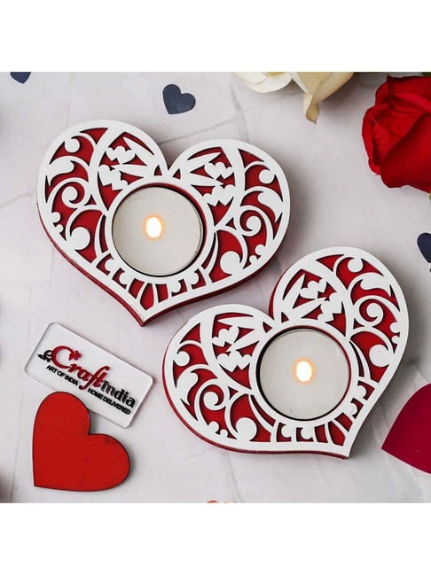eCraftIndia Red & White Wooden Heart Shaped Tea Light Candle Holders - Set of 10-picture-26