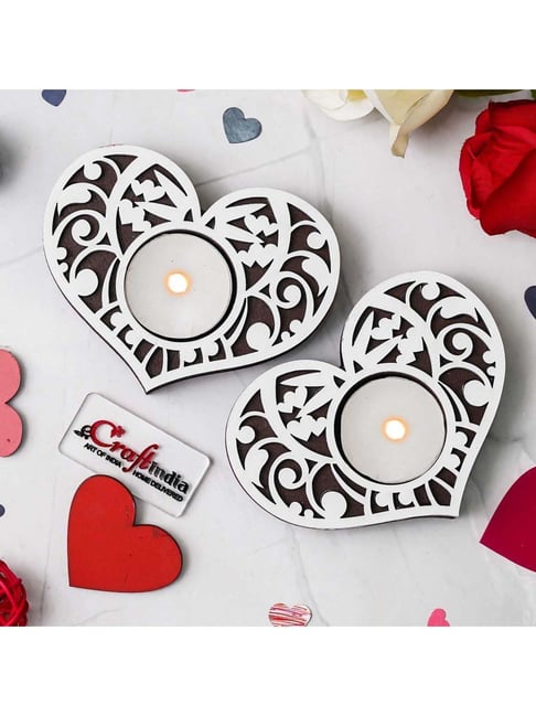 eCraftIndia Brown & White Wooden Heart Shaped Tea Light Candle Holders - Set of 2