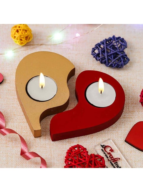 eCraftIndia Red & Golden Wooden Couple'S Heart Tea Light Candle Holders - Set of 4-picture-10