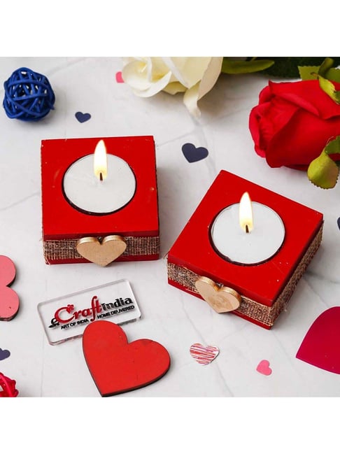 eCraftIndia Red & Golden Wooden Square Heart Tea Light Candle Holders - Set of 6-picture-14