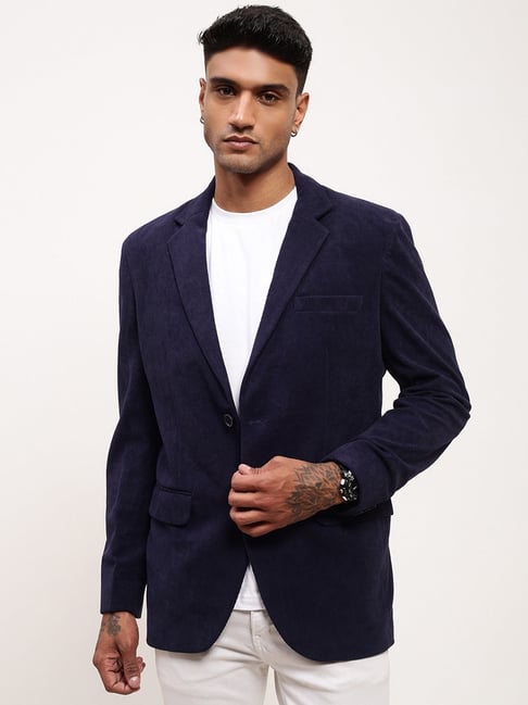 SHOWOFFFF Navy Blue Cotton Slim Fit Blazer