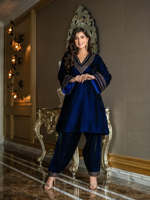 Buy Label Shaurya Sanadhya Blue Velvet Comfort Fit Co-ord Set for