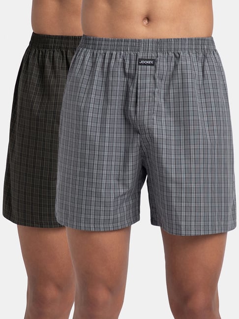 Jockey Grey & Deep Olive Cotton Regular Fit Checks Boxers - Pack Of 2-picture-39