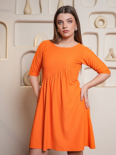 PURVAJA Orange Textured Half Sleeves Flared Dress