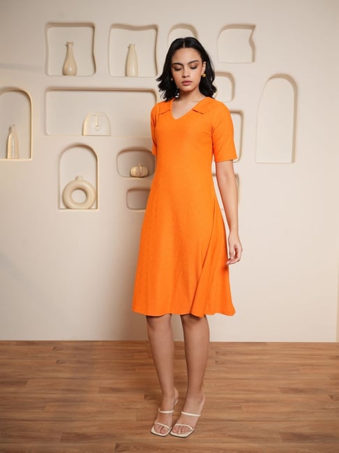 PURVAJA Orange Textured Half Sleeves A-Line Dress