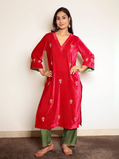 Spring Soul Red Velvet A-Line Embroidered Kurta-picture-45