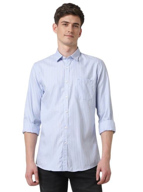Buy Peter England Blue Cotton Slim Fit Striped Shirt for Mens