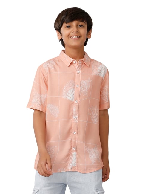 Under Fourteen Only Boys Peach Cotton Floral Shirt-picture-11