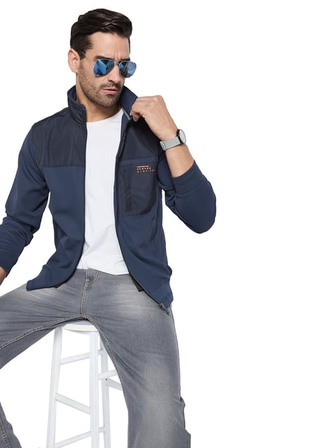 Octave Navy Blue Regular Fit Colour Blocked Jacket