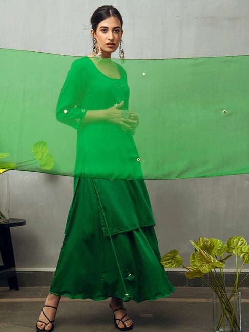 Gulaal Aarsi Green Cotton Comfort Fit Embroidered Dupatta