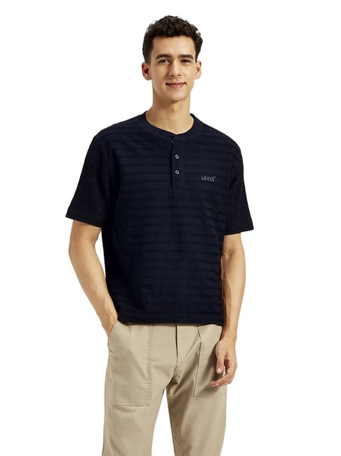 Levi's Navy Cotton Slim Fit Striped Henley T-Shirt