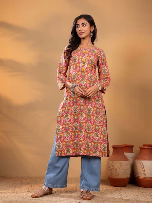 Varanga Pink & Green Cotton Printed Kurta-picture-18