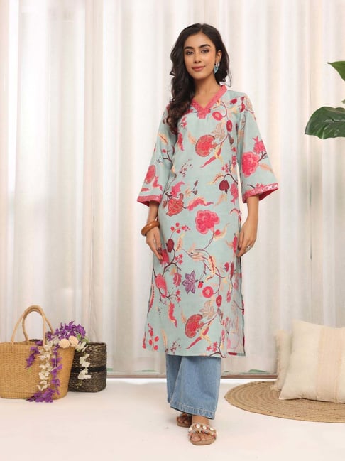 Varanga Sea Green Cotton Printed Kurta-picture-10