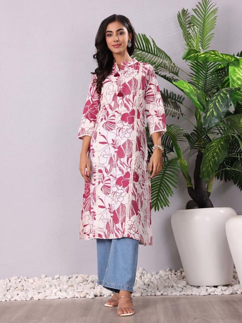 Varanga White & Pink Cotton Printed Kurta-picture-20