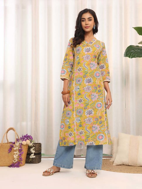 Varanga Mustard Yellow Cotton Printed Kurta-picture-40